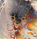 Abstract fluid acrylic pour art print featuring organic cell-like patterns in shades of brown, gold, gray, white, and hints of orange and blue.